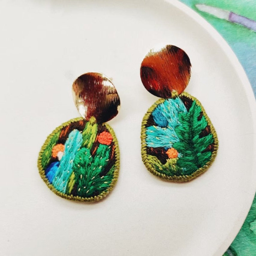 Embroidered Cactus Stud Earrings