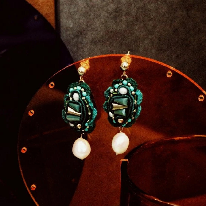 embroidered green earrings